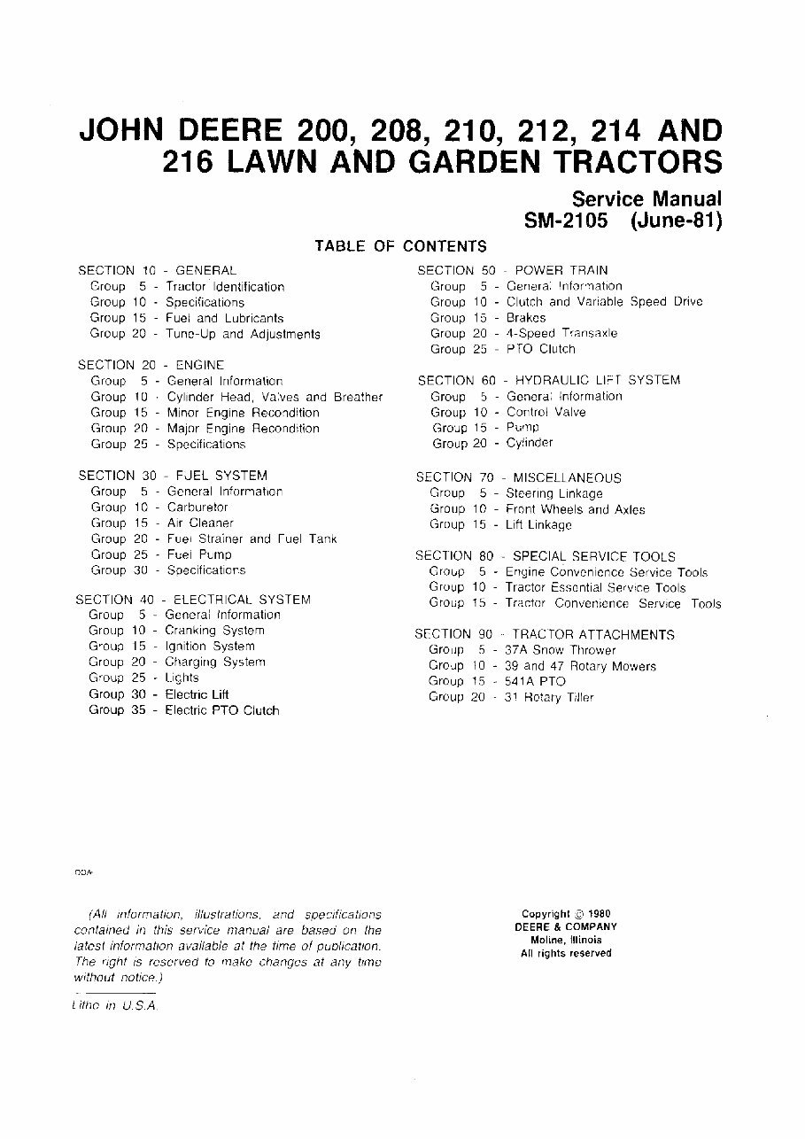 John Deere 200 / 208 / 210 / 212 / 214 / 216 Lawn Garden Tractor OEM Service & Repair Manual preview img 3