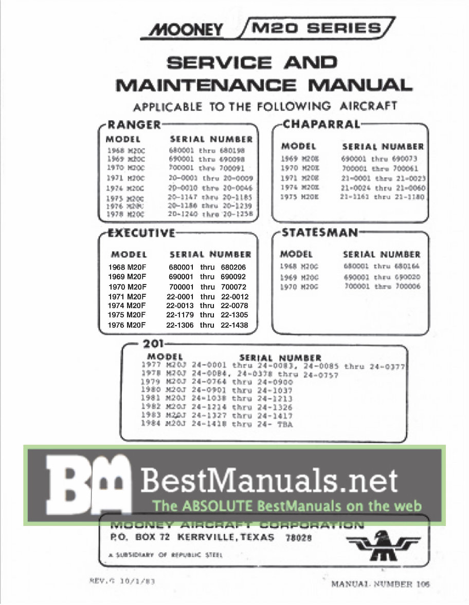1968-1984 Mooney M20 Series Aircrafts (M20C, M20G, M20E, M20F, M20J) OEM Service & Repair Manual preview img 1