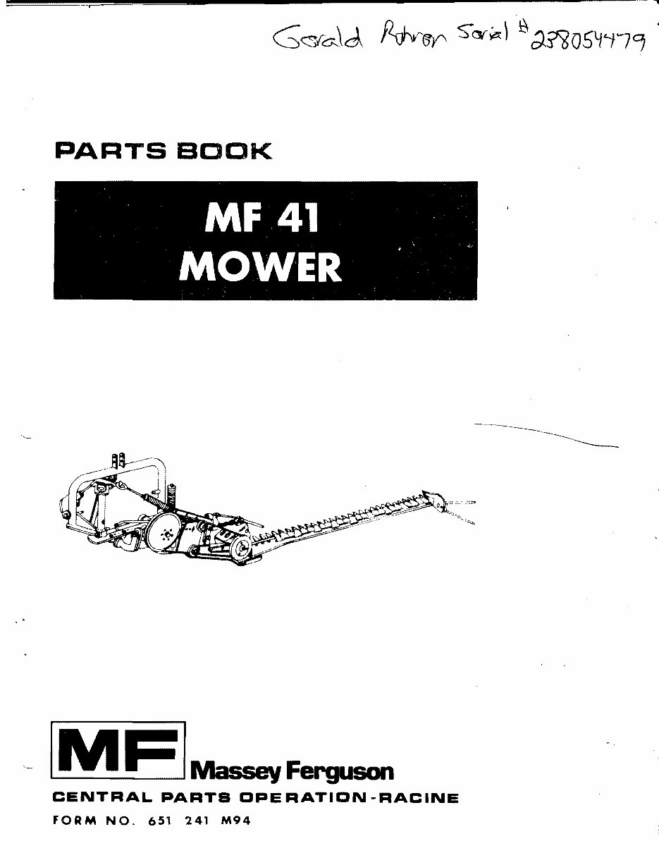 MASSEY FERGUSON MF 41 MOWER Parts Manual 651241M94 preview img 1