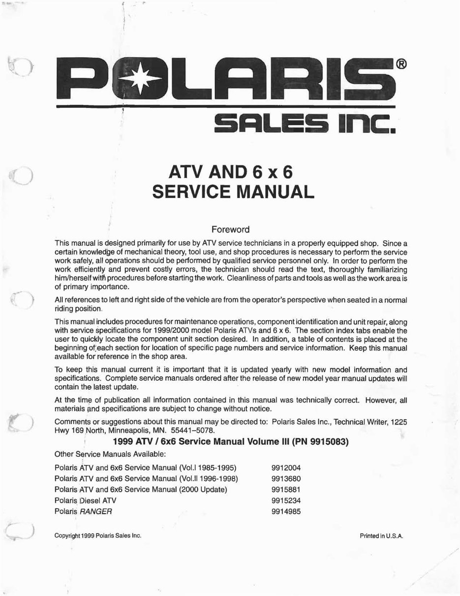 2000 Polaris Sportsman 335 Sportsman 500 ATV Service & Repair Manual preview img 1