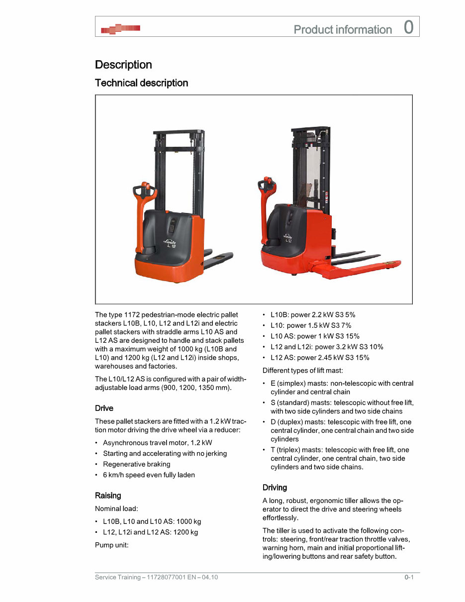 Linde Electric Pallet Stacker Type 1172: AS, L10, L10B, L12, L12I Service Training (Workshop) Manual preview img 8