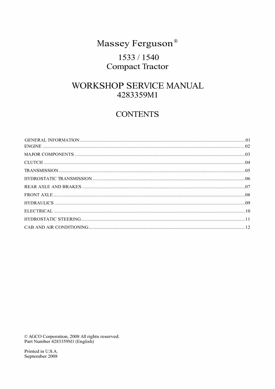 Massey Ferguson MF1533, MF1540 Tractors Service & Repair Manual preview img 1
