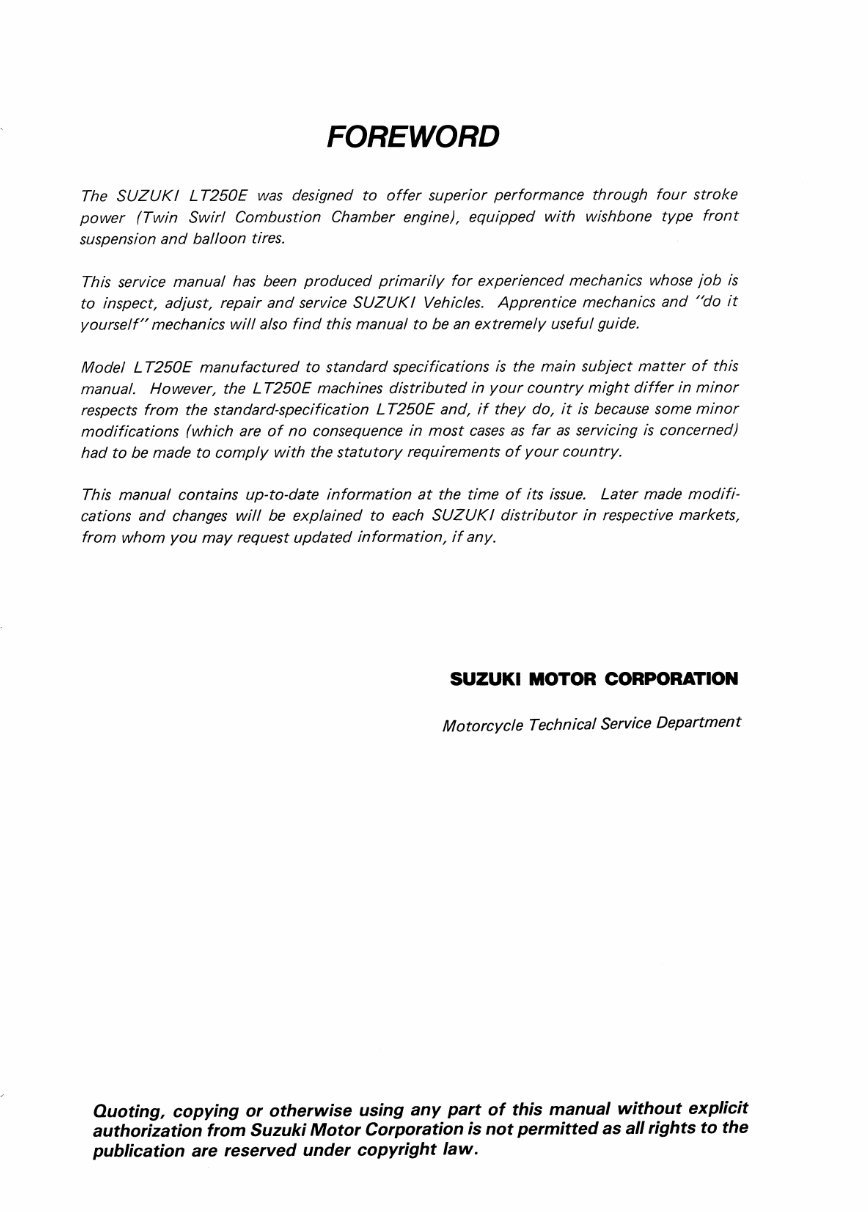 Suzuki Quadrunner 250 LT250E LT 250E ATV Service Repair Shop Manual 1985-1986 preview img 2
