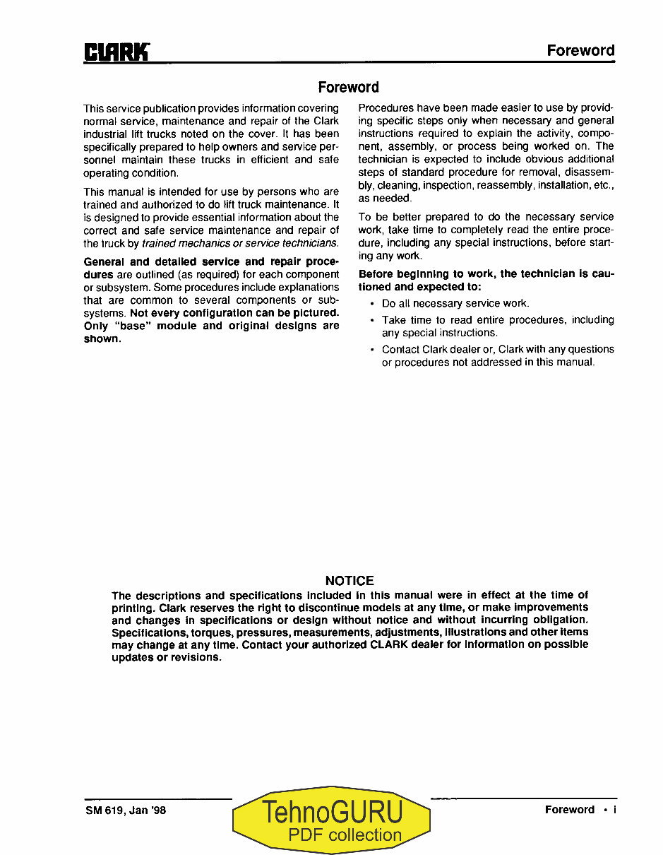 Clark G127, GP127, G127E, GP127E Forklift Service Repair Workshop Manual preview img 4