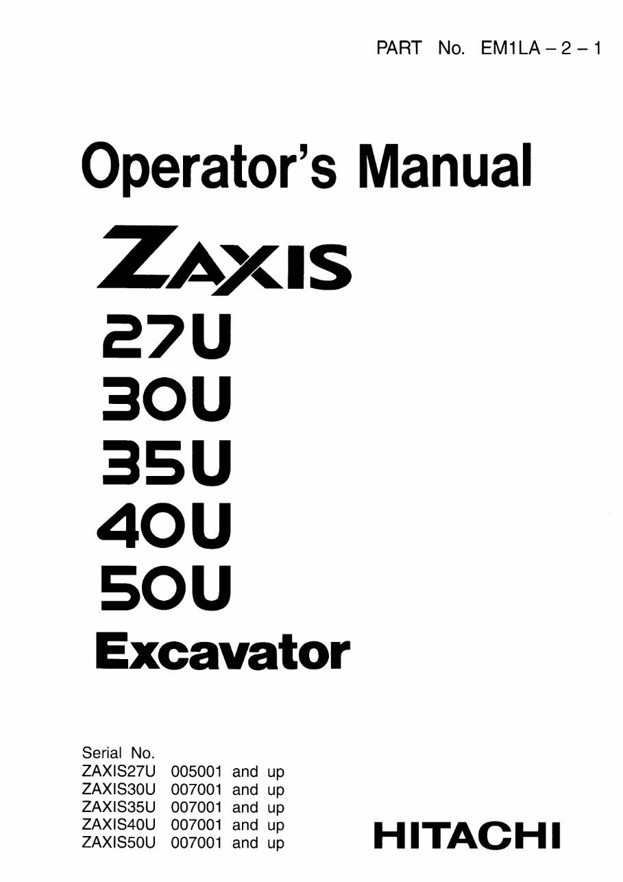 HITACHI ZAXIS ZX 27U 30U 35U 40U 50U Excavator Operators Manual preview img 1