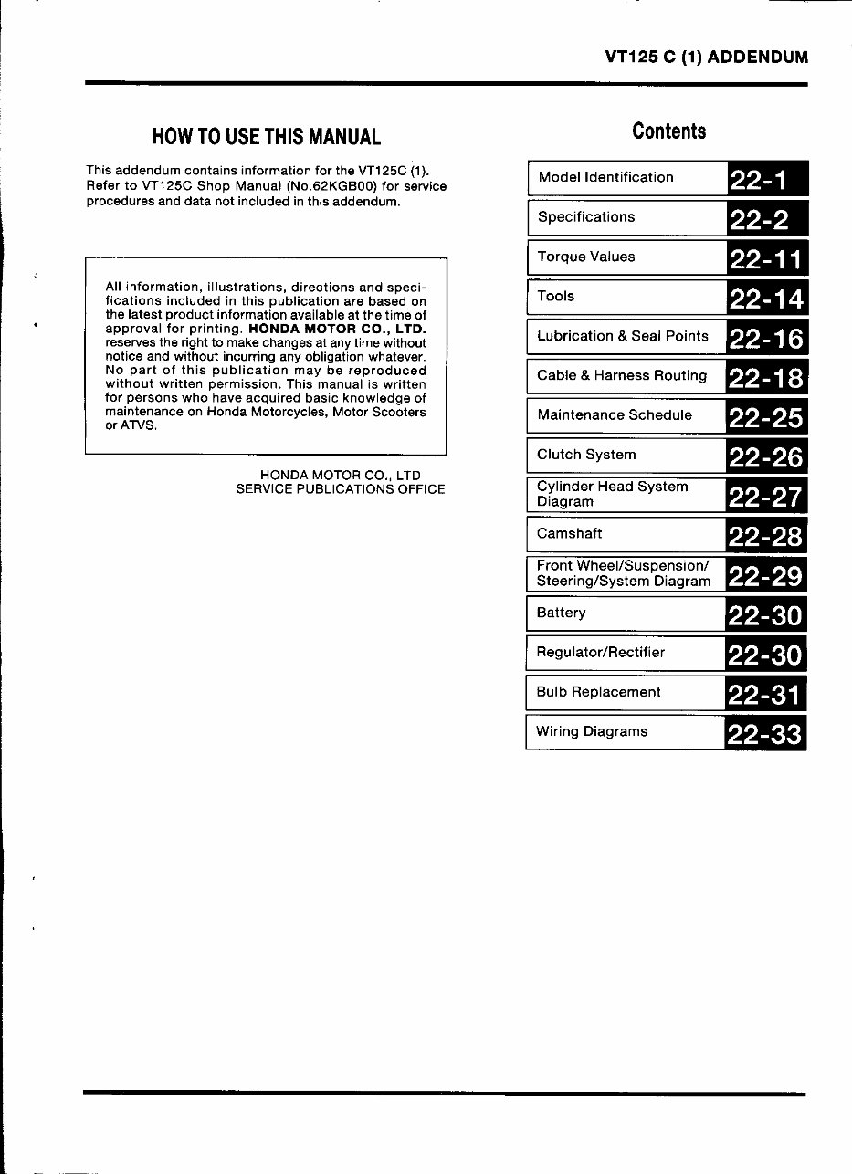 HONDA VT125 C1 Service Repair Manual Addemdum preview img 4
