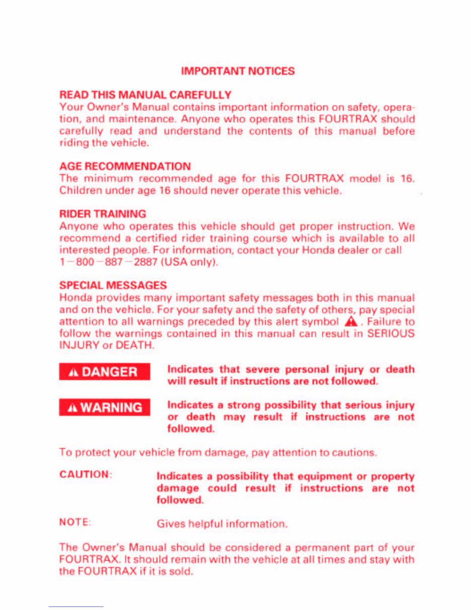 2001 Honda Fourtrax / Foreman S (TRX450S) Owners Manual preview img 2