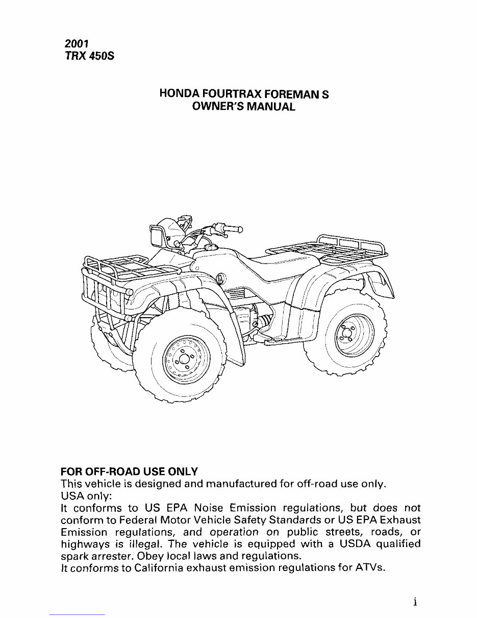 2001 Honda Fourtrax / Foreman S (TRX450S) Owners Manual preview img 3