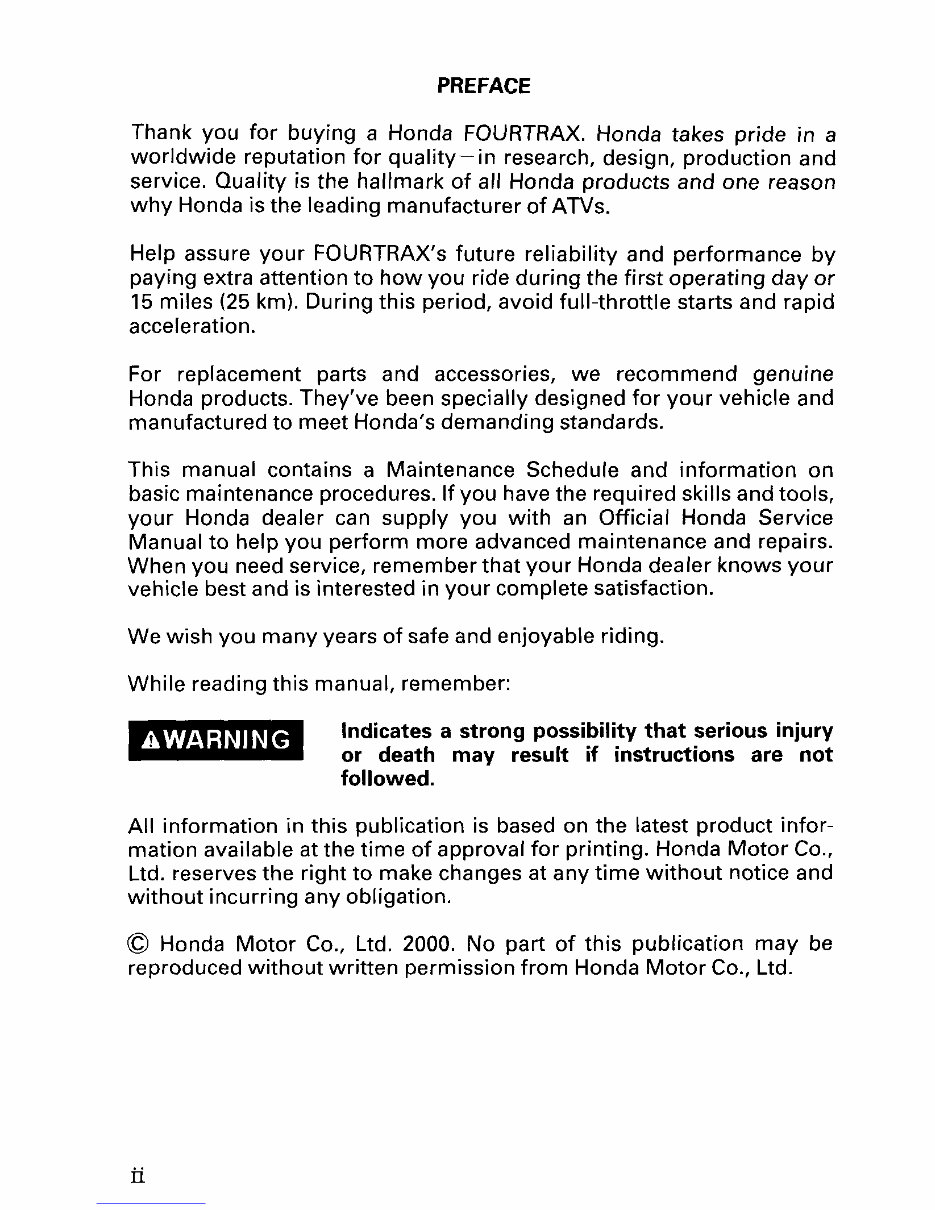 2001 Honda Fourtrax / Foreman S (TRX450S) Owners Manual preview img 4