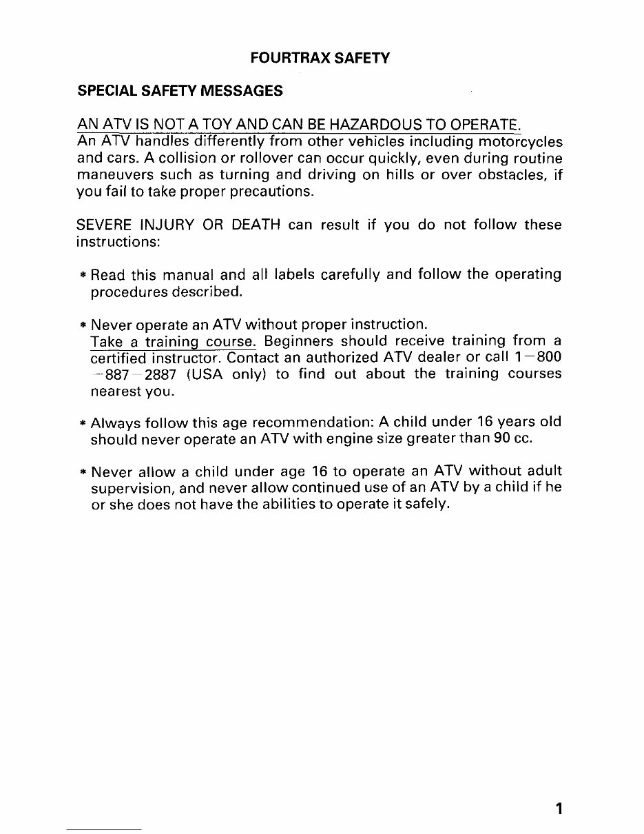 2001 Honda Fourtrax / Foreman S (TRX450S) Owners Manual preview img 7