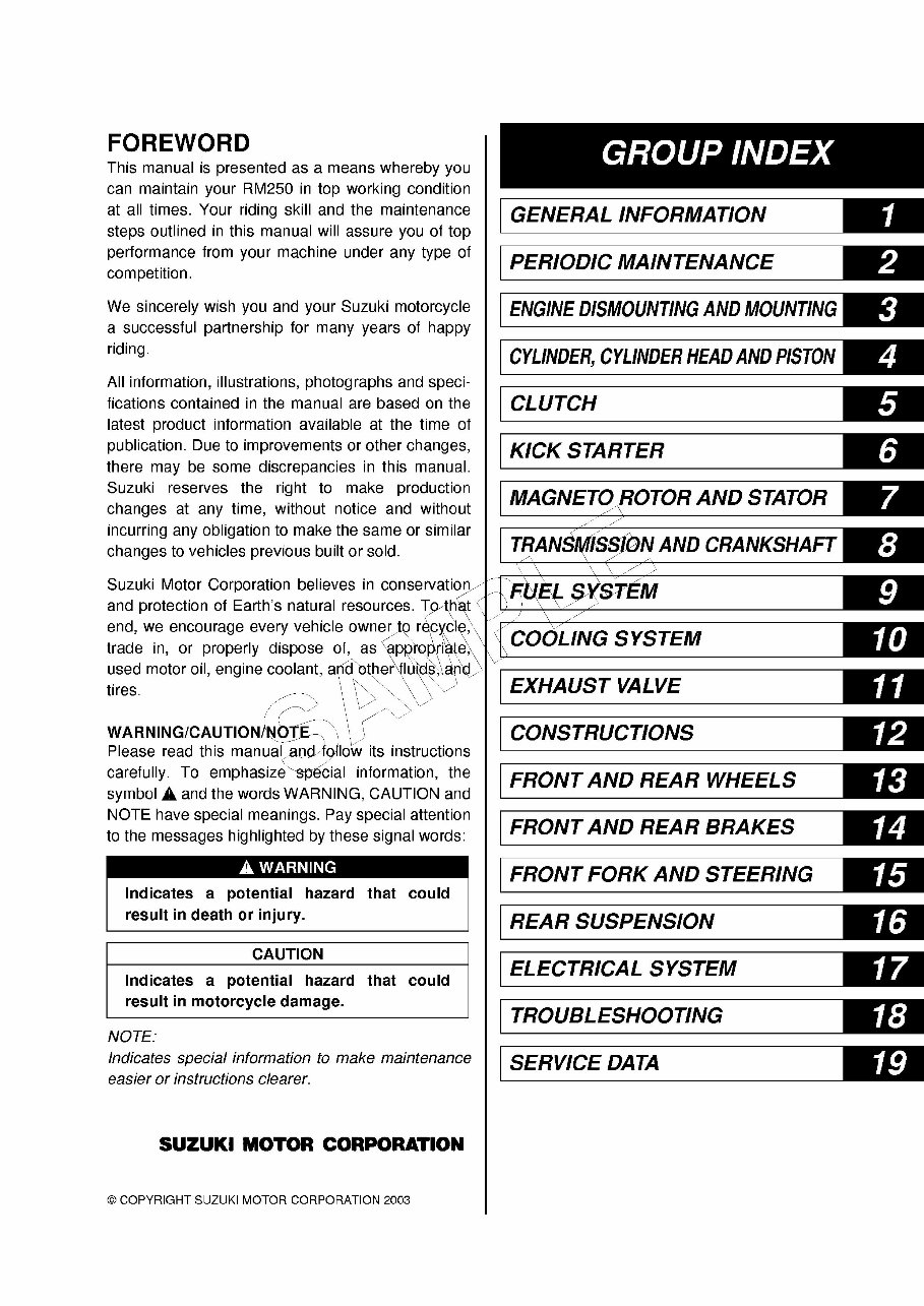 2011 Suzuki RM250 Service & Repair Manual preview img 1