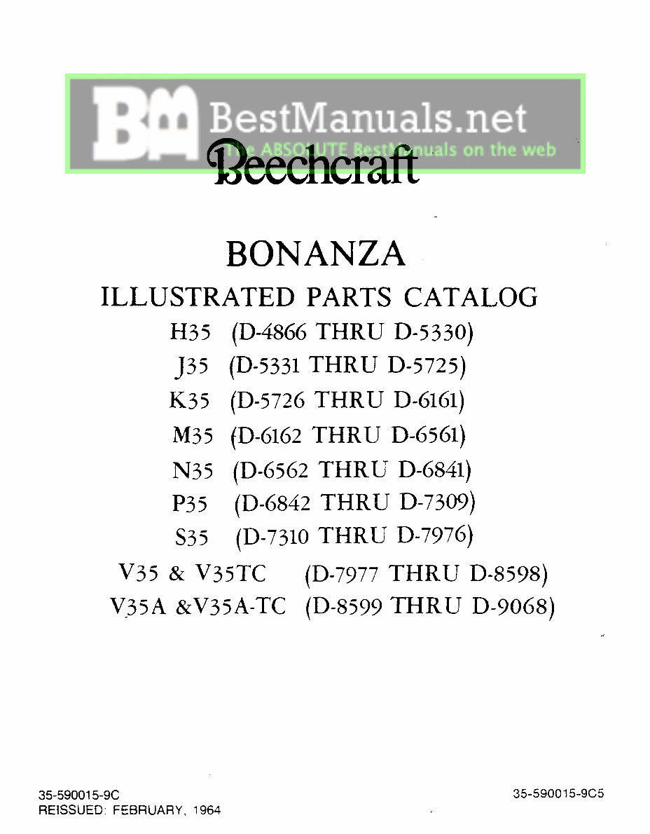 Beechcraft Bonanza 35 Series Aircrafts (H35/J35/K35/M35/N35/P35/S35/V35/V35TC/V35A/V35A-TC) Parts Catalog preview img 1