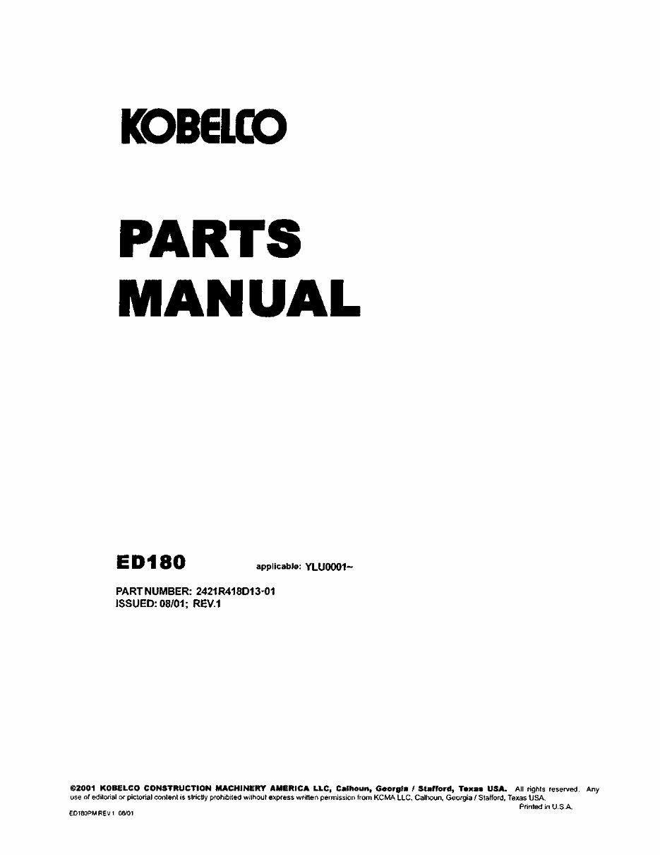 Kobelco ED180 Blade Runner Dynamic Acera Hydraulic Dozer Exavator Illustrated Parts List Manual - After Serial Number YLU0001; W preview img 2