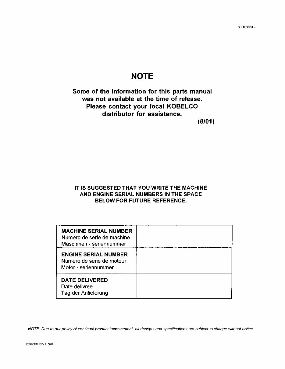 Kobelco ED180 Blade Runner Dynamic Acera Hydraulic Dozer Exavator Illustrated Parts List Manual - After Serial Number YLU0001; W preview img 4