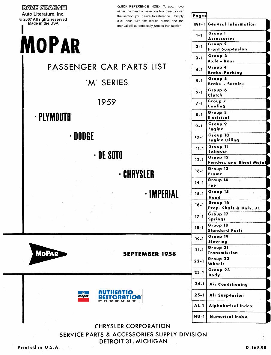 1959 Dodge Chrysler Plymouth DeSoto Imperial Master Parts Catalog Fireflite Firesweep Firedome Coronet Custom Royal Savoy Belved preview img 3