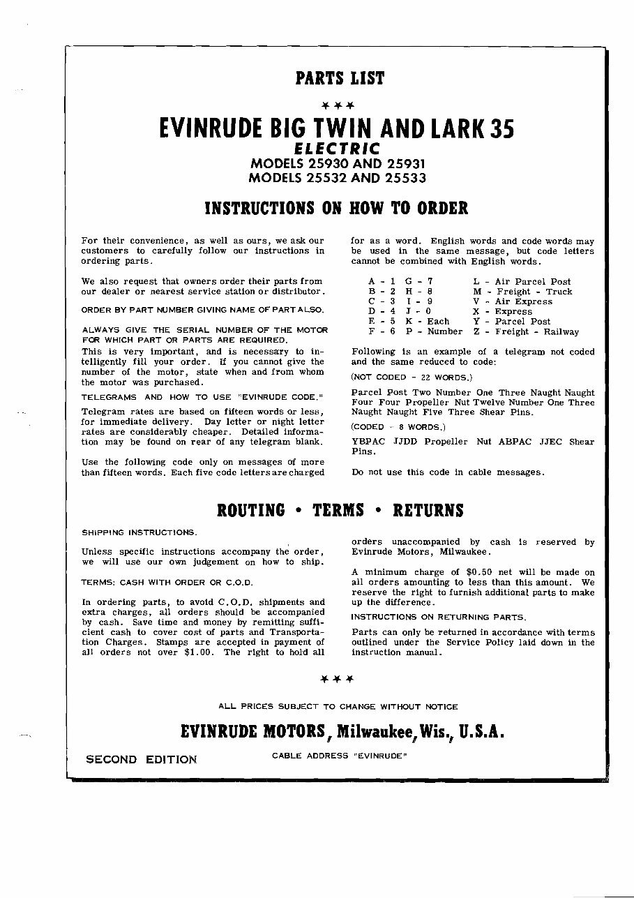 1957 Evinrude outboard Big Twin & Lark 35 parts manual preview img 1