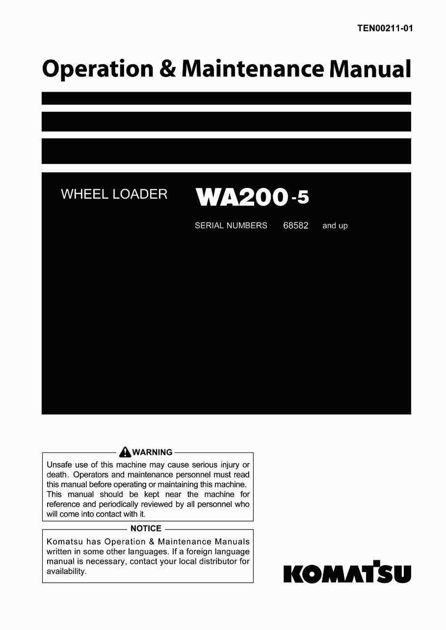 KOMATSU WA200-5 Wheel Loader Operation & Maintenance Manual (S/N: 68582 and up) preview img 1