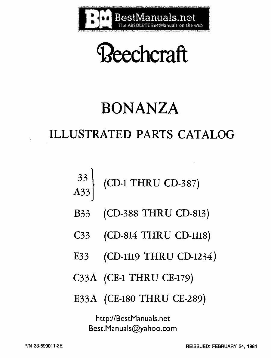 BEECHCRAFT DEBONAIR 33 Series IPC Illustrated Parts Catalog Parts Manual IPL - preview img 1