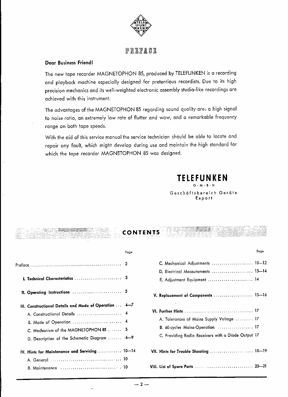 OWNER Manual Telefunken Magnetophon 85 Tape Recorder preview img 2