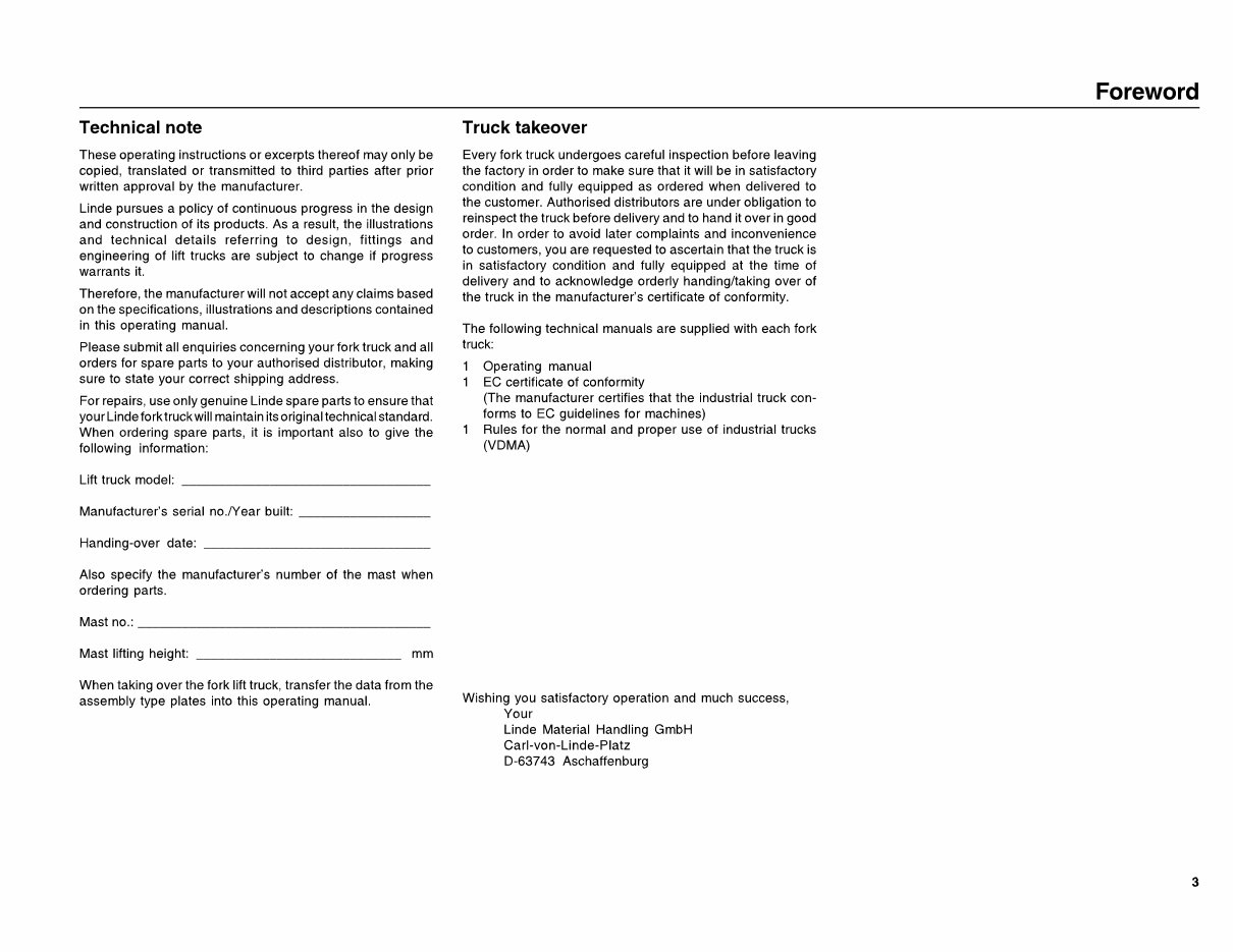 Linde Electric Forklift Truck 336-02 Series: E20, E25, E30 Operating Manual (User Manual) preview img 5