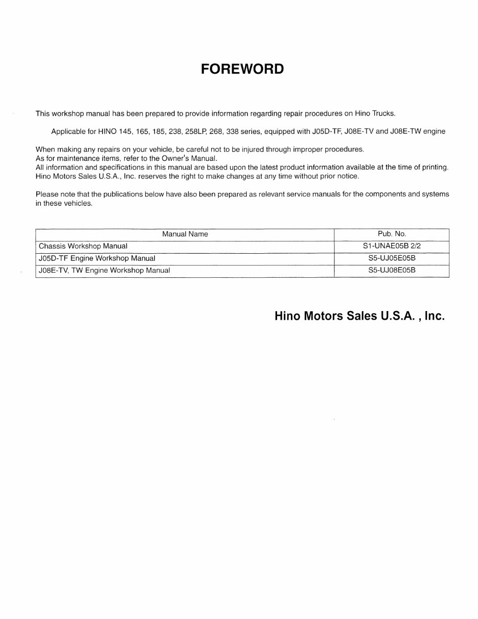 2009 Hino Trucks Engine & Chassis Service & Repair Manual preview img 2