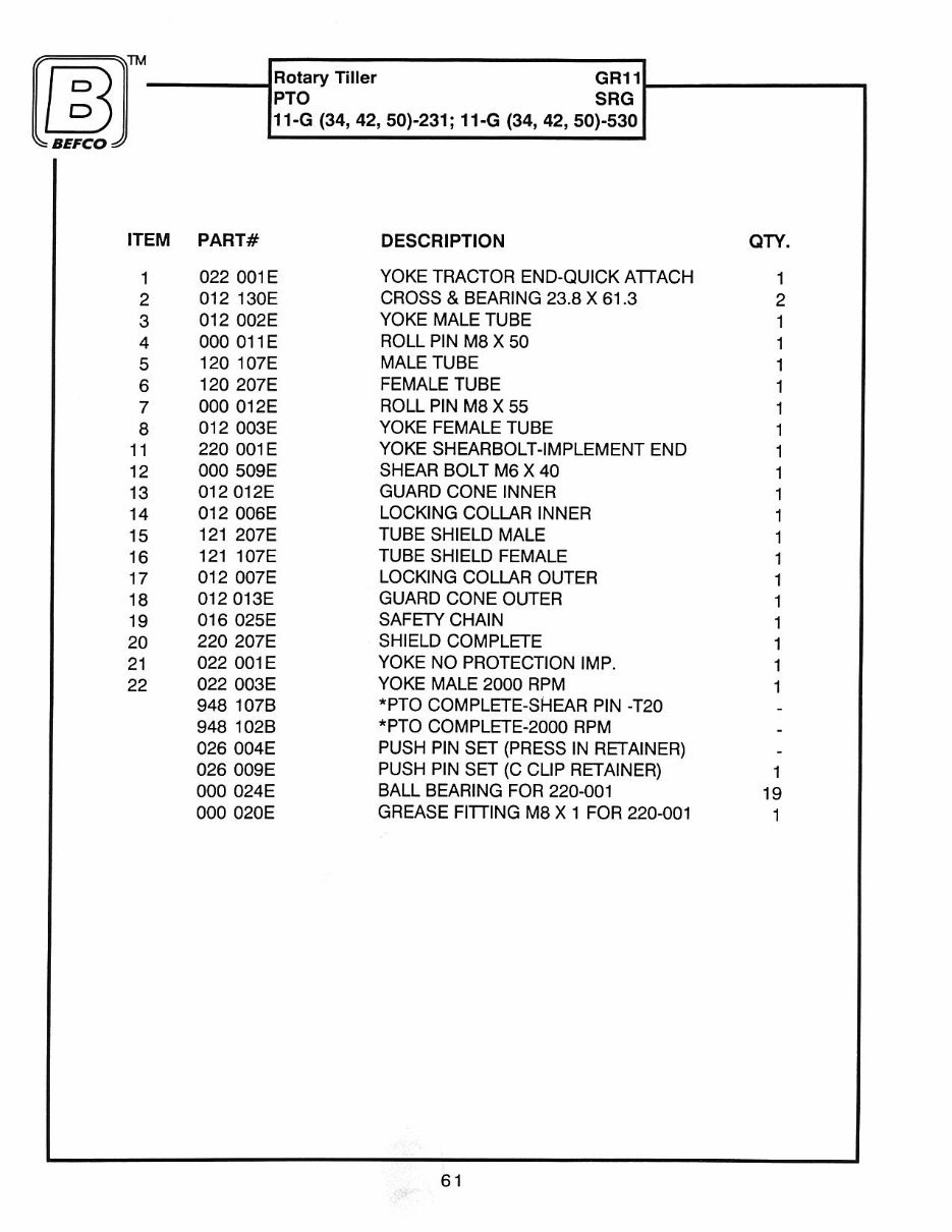 BEFCO TILLER 11-G 34 42 50 Parts Manual preview img 8