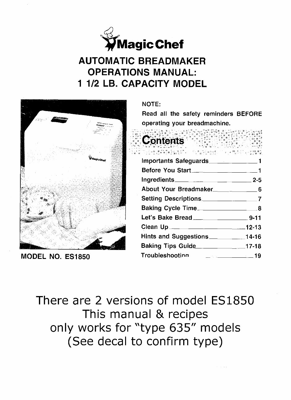 Magic Chef Breadmaker Parts Model ES1850 Type 635 Instruction Manual Recipes ES 1850 preview img 1