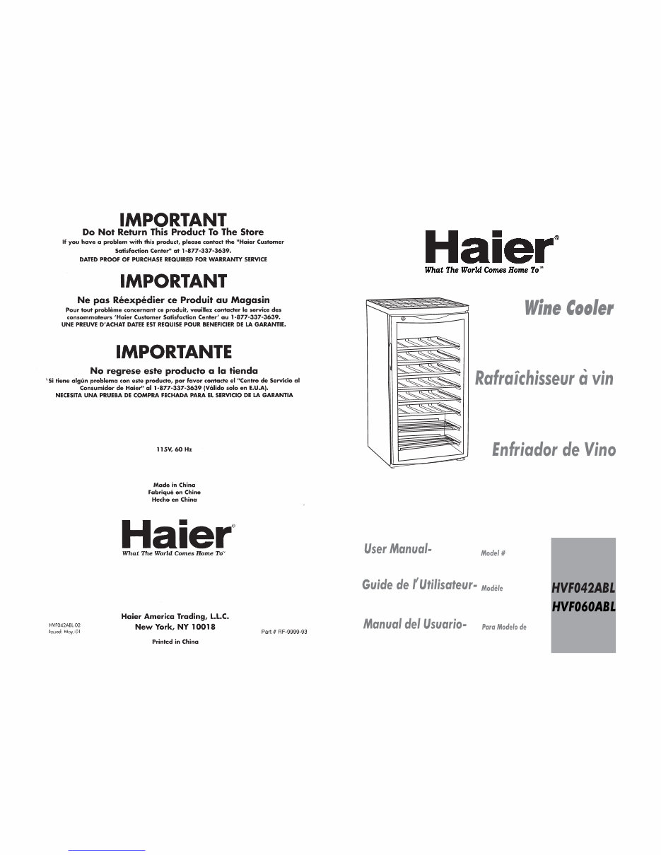 OWNER Manual Haier BC112G Wine Cooler preview img 1