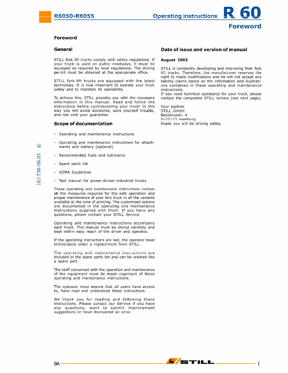 Still Electric Fork Truck Type R60-16, R60-18, R60-20 Compact: R6050, R6051, R6052, R6053, R6054, R6055 Operating Manual preview img 3