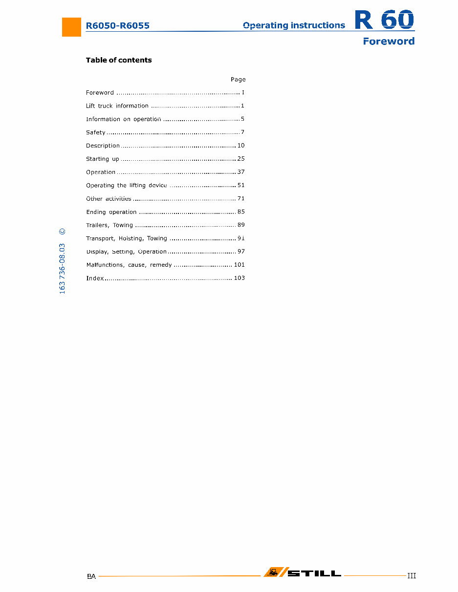 Still Electric Fork Truck Type R60-16, R60-18, R60-20 Compact: R6050, R6051, R6052, R6053, R6054, R6055 Operating Manual preview img 5