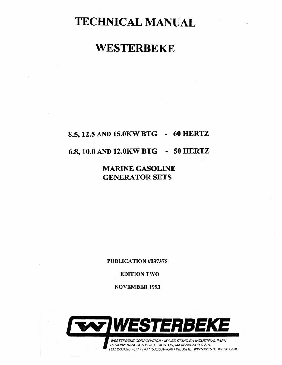 WESTERBEKE 8.5, 12.5 and 15.0KW BTG - 60 HERTZ & 6.8, 10.0 and 12.0KW BTG - 50 HERTZ Marine GASOLINE Generator SETS Technical Ma preview img 1
