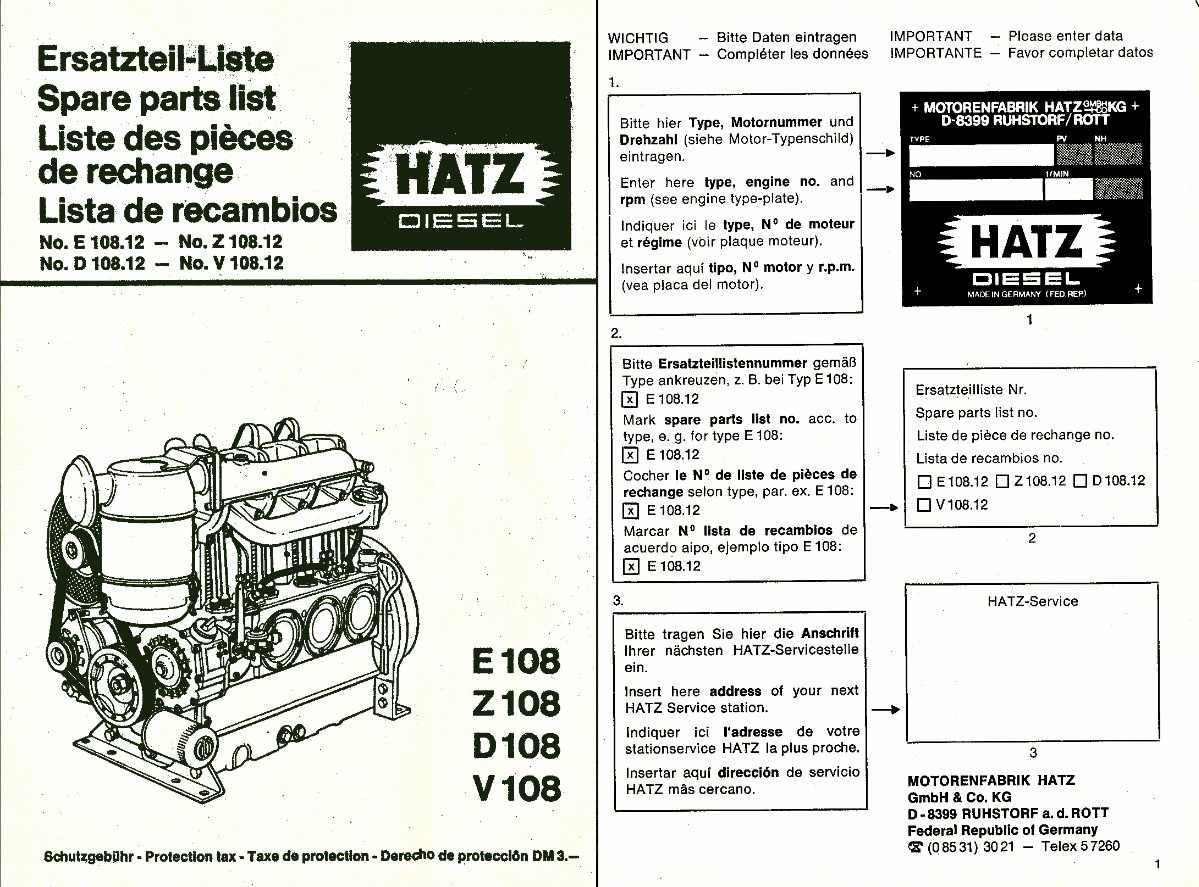 HATZ Diesel Engine E108 Z108 D108 V108 Service Parts Catalogue Manual preview img 1