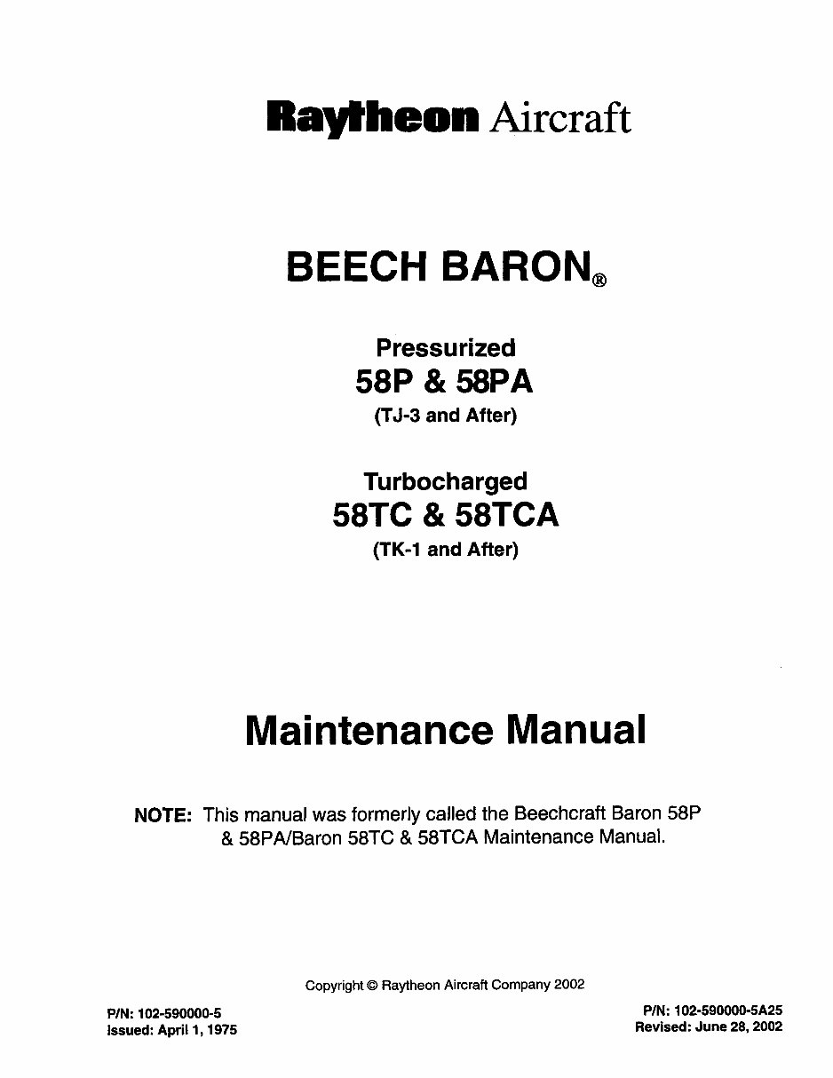 Beech Baron Pressurized & Turbocharged 58 Service Maintenance Manual - IMPROVED - preview img 1