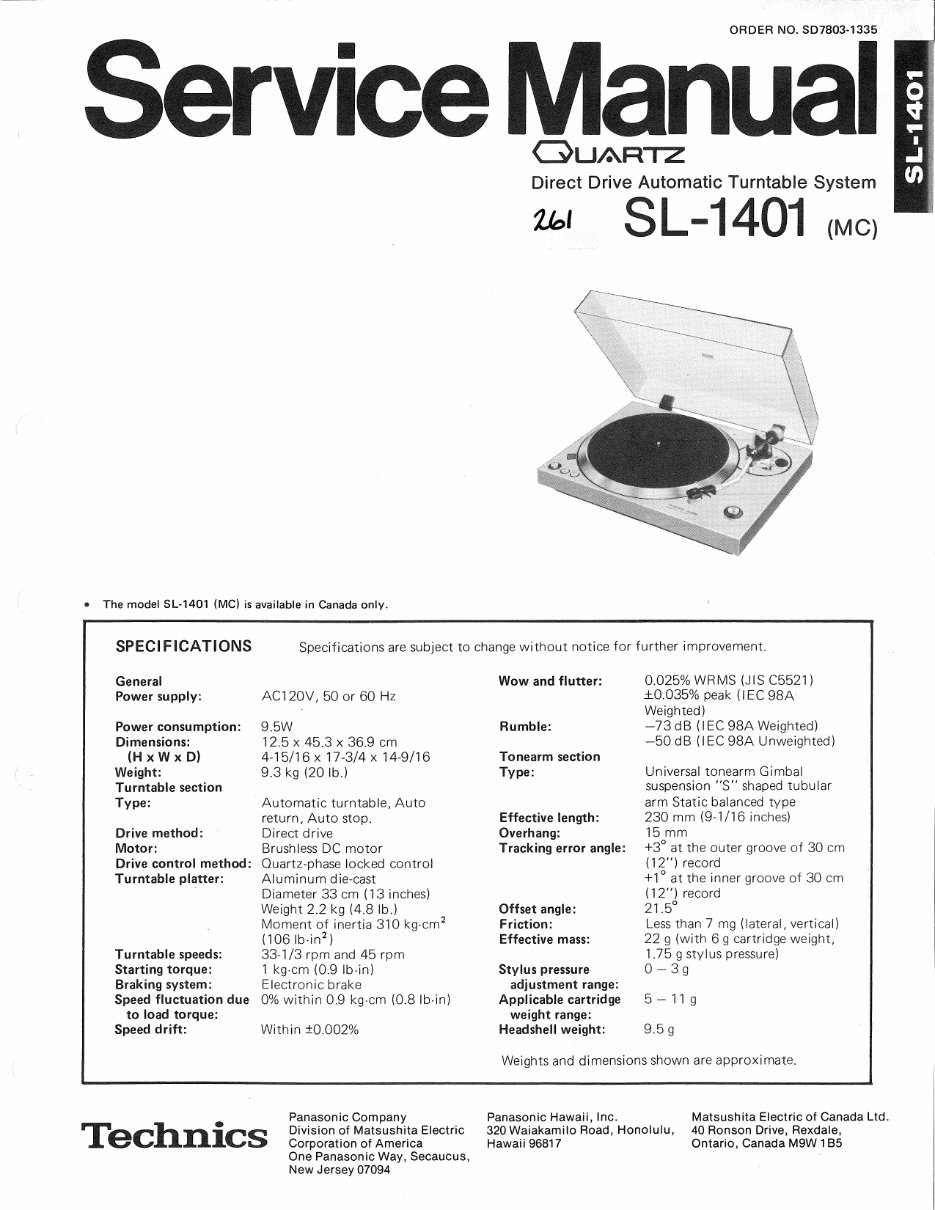 Technics SL-1401 Turntable , Service Manual preview img 1