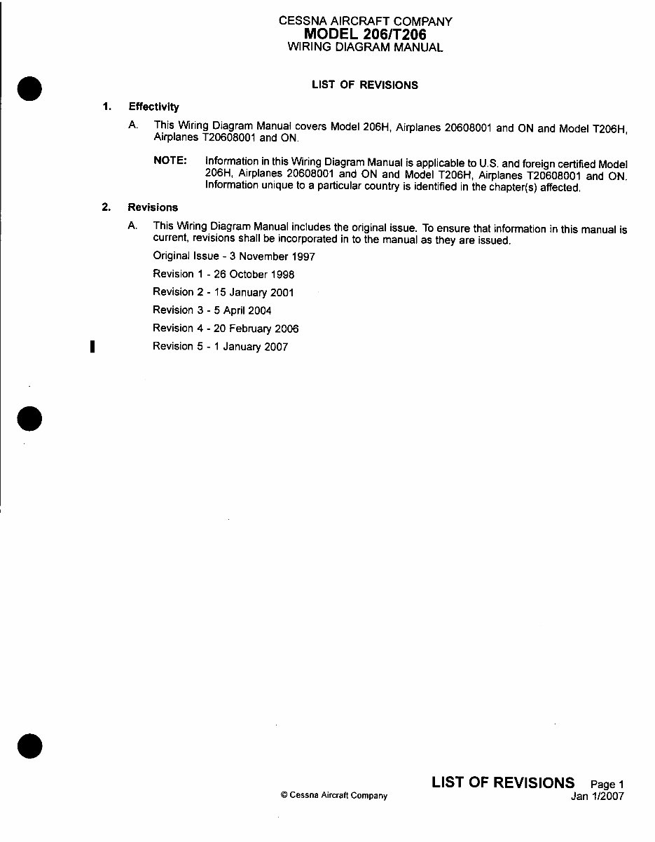 1997-2007 Cessna 206H, T206H Wiring Diagram Manual (Revision 5) preview img 3