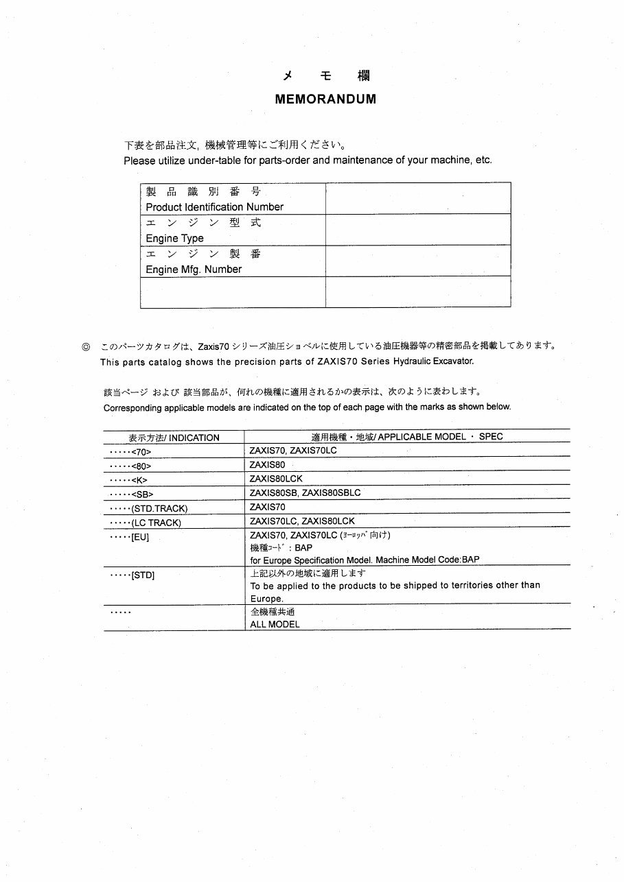 HITACHI ZAXIS ZX 70 70LC 80 80LCK 80SB 80SBLC Excavator EQUIPMENT COMPONENT Parts Catalog Manual preview img 2