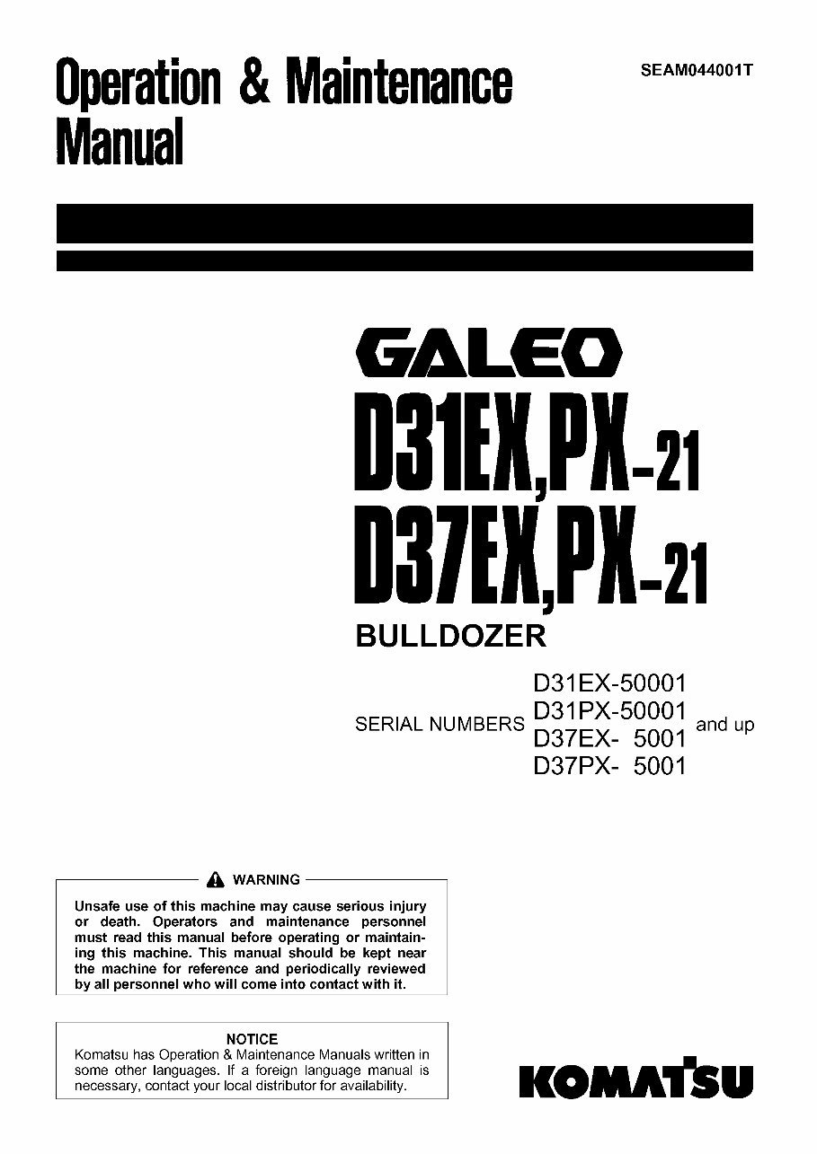 KOMATSU D31EX-21, D31PX-21, D37EX-21, D37PX-21 BULLDOZER Operation & Maintenance Manual (S/N: 50001 and up, 5001 and up) preview img 1