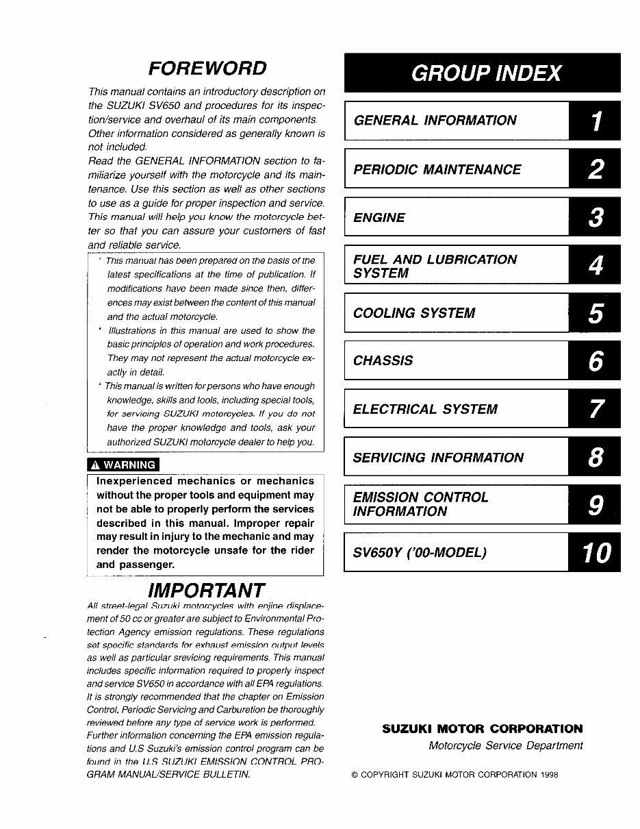  Suzuki SV650 SV 650 98-02 Service Repair Workshop Manual preview img 1