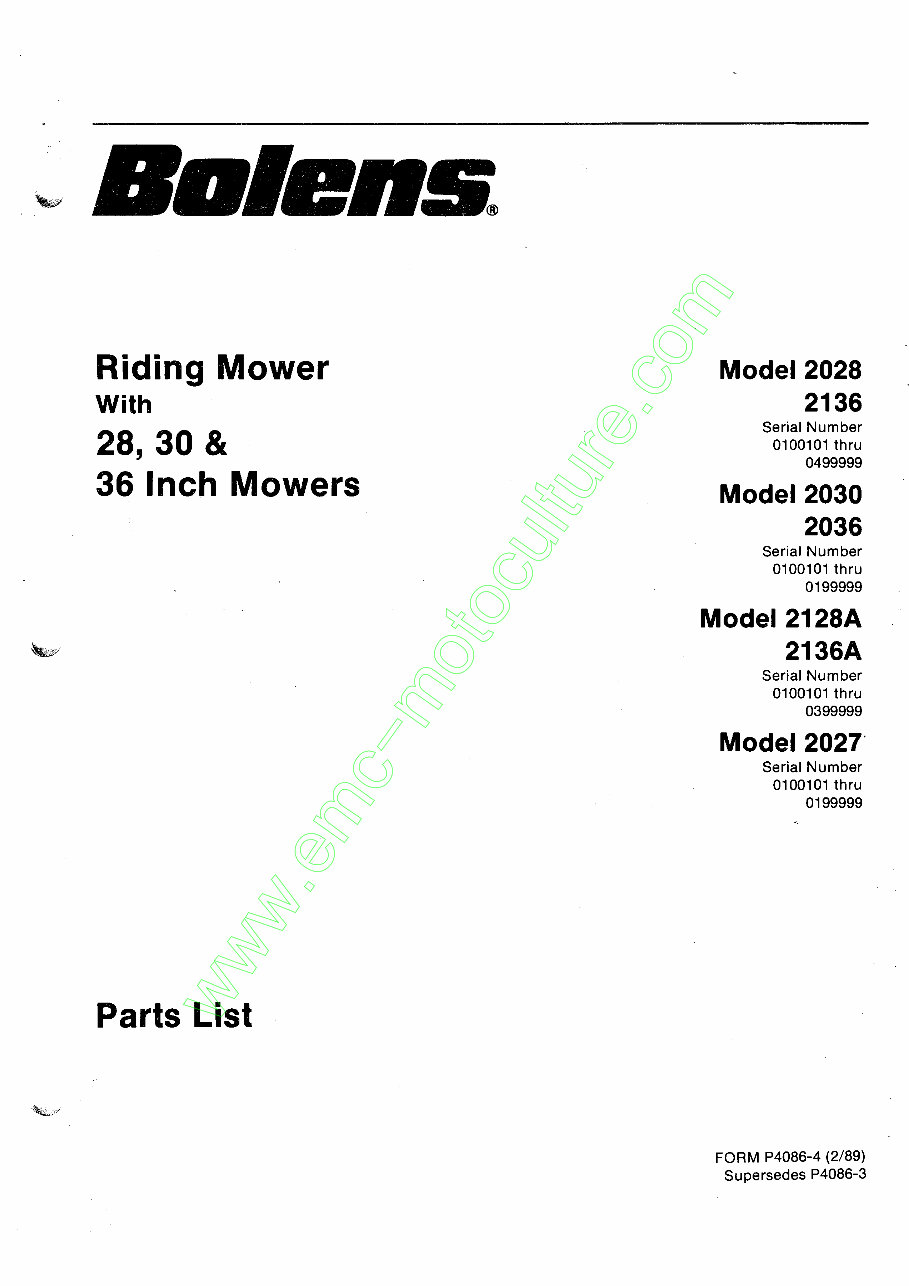 Bolens Rear Engine Riding Mower Master Parts Manual preview img 1