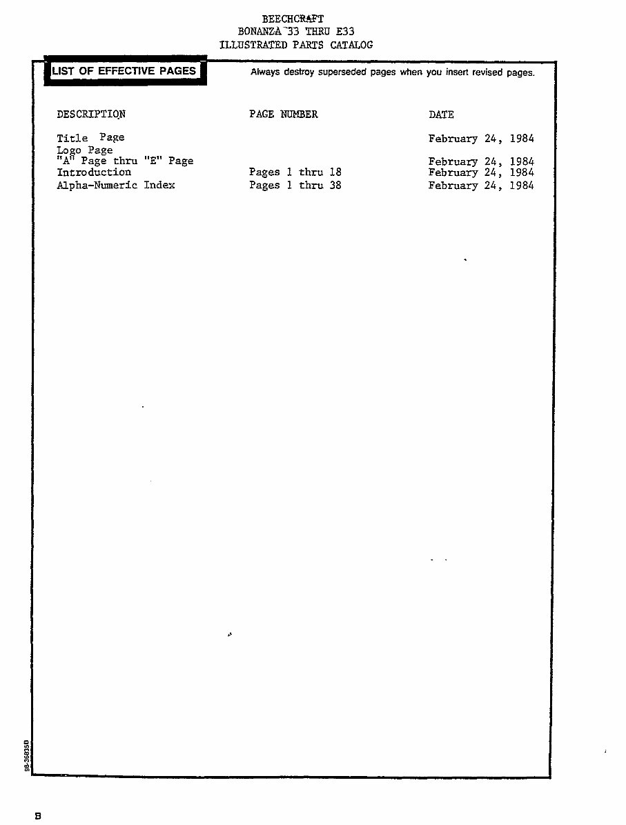 Beechcraft Bonanza / Debonair 33 Series Illustrated Parts Catalog