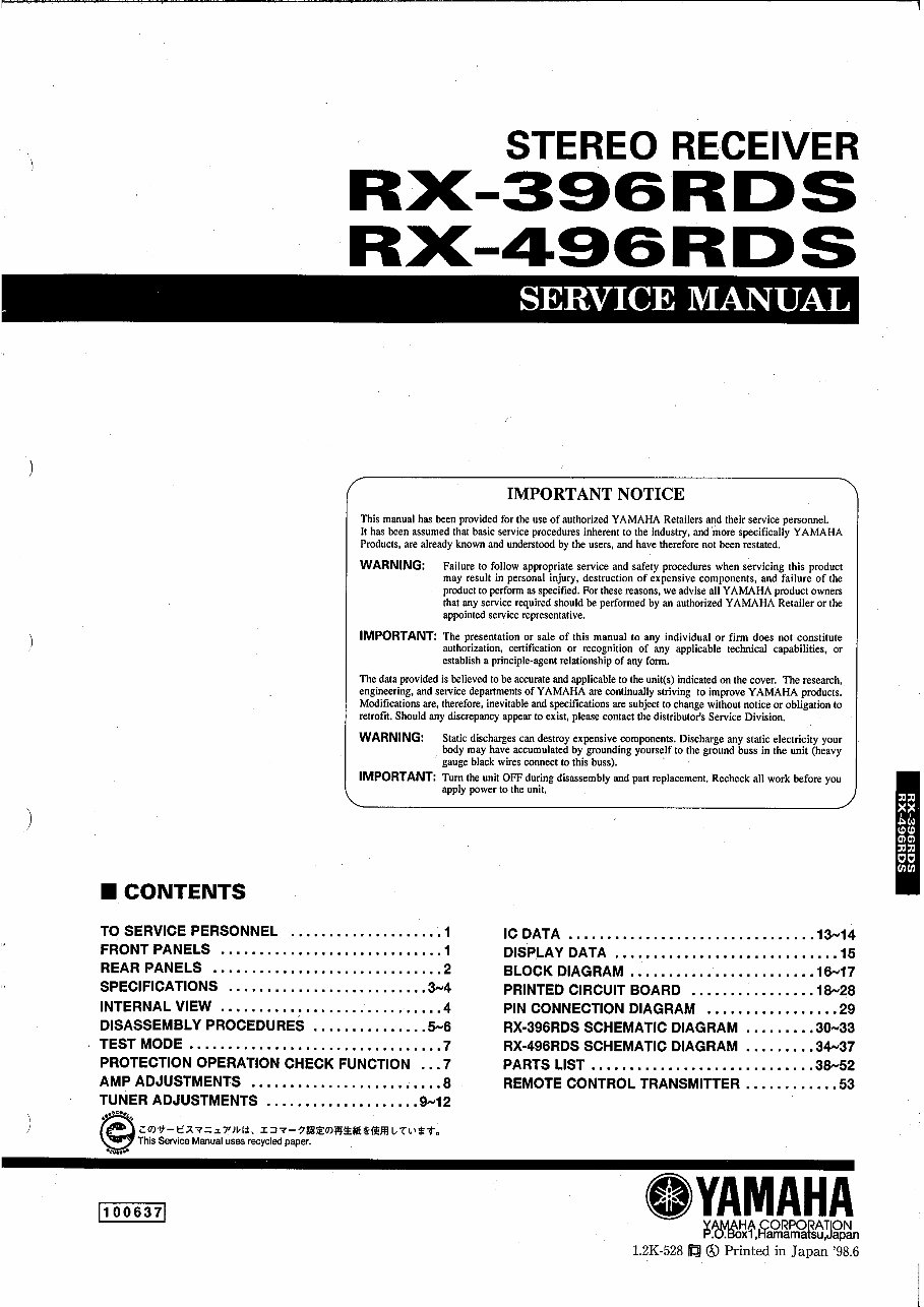 Yamaha RX-396RDS / RX-496RDS Stereo Receiver Service & Repair Manual preview img 1