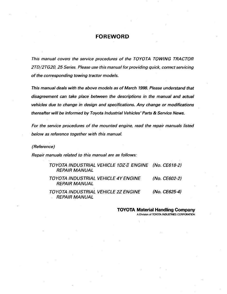 Toyota Towing Tractor Type 2TD20, 2TD25, 2TG20, 2TG25 Workshop Service Manual preview img 2