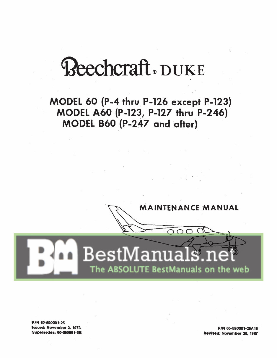 Beechcraft Duke 60, A60, B60 Aircrafts Maintenance Manual & Parts Catalog preview img 1