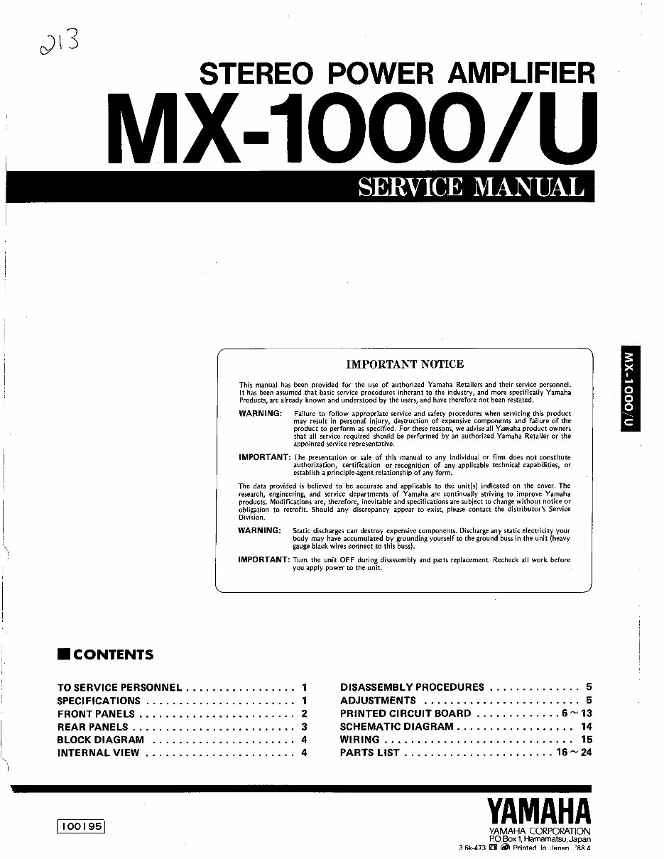 Yamaha mx1000 mx-1000 u power amplifier service manual full preview img 1