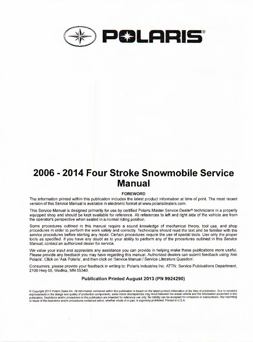 2006-2014 Polaris 4-Stroke Snowmobile Service & Repair Manual preview img 3