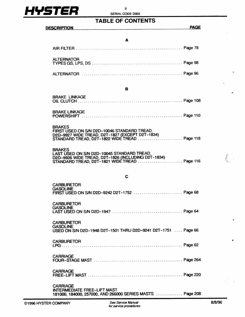 HYSTER SPACESAVER D002 (S30E, S40E, S50E, S60ES) Forklift Service Repair Manual + Parts Manual preview img 3