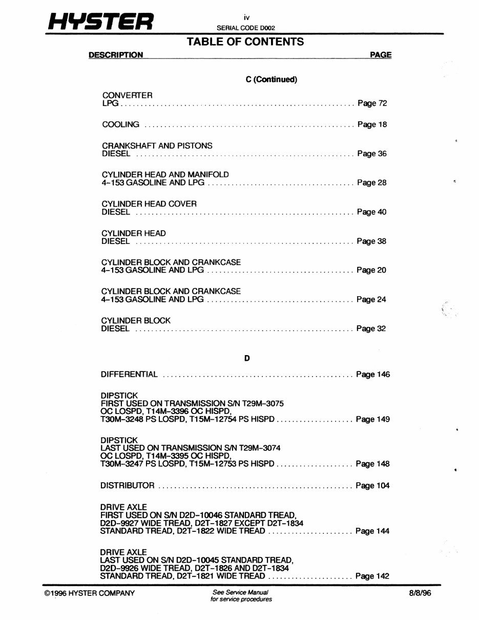 HYSTER SPACESAVER D002 (S30E, S40E, S50E, S60ES) Forklift Service Repair Manual + Parts Manual preview img 5