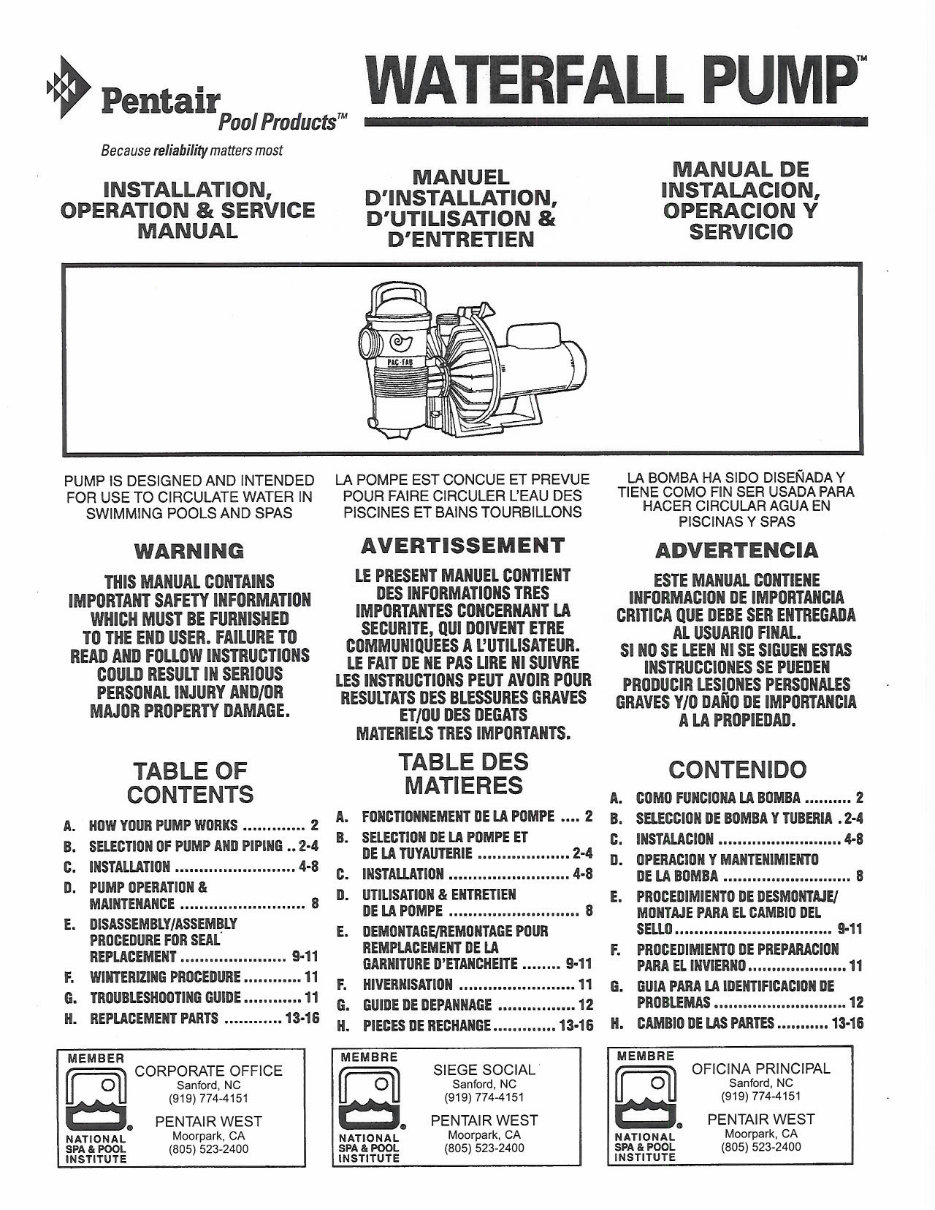 PENTAIR PINNACLE SWIMING POOL PUMP Service Manual preview img 1