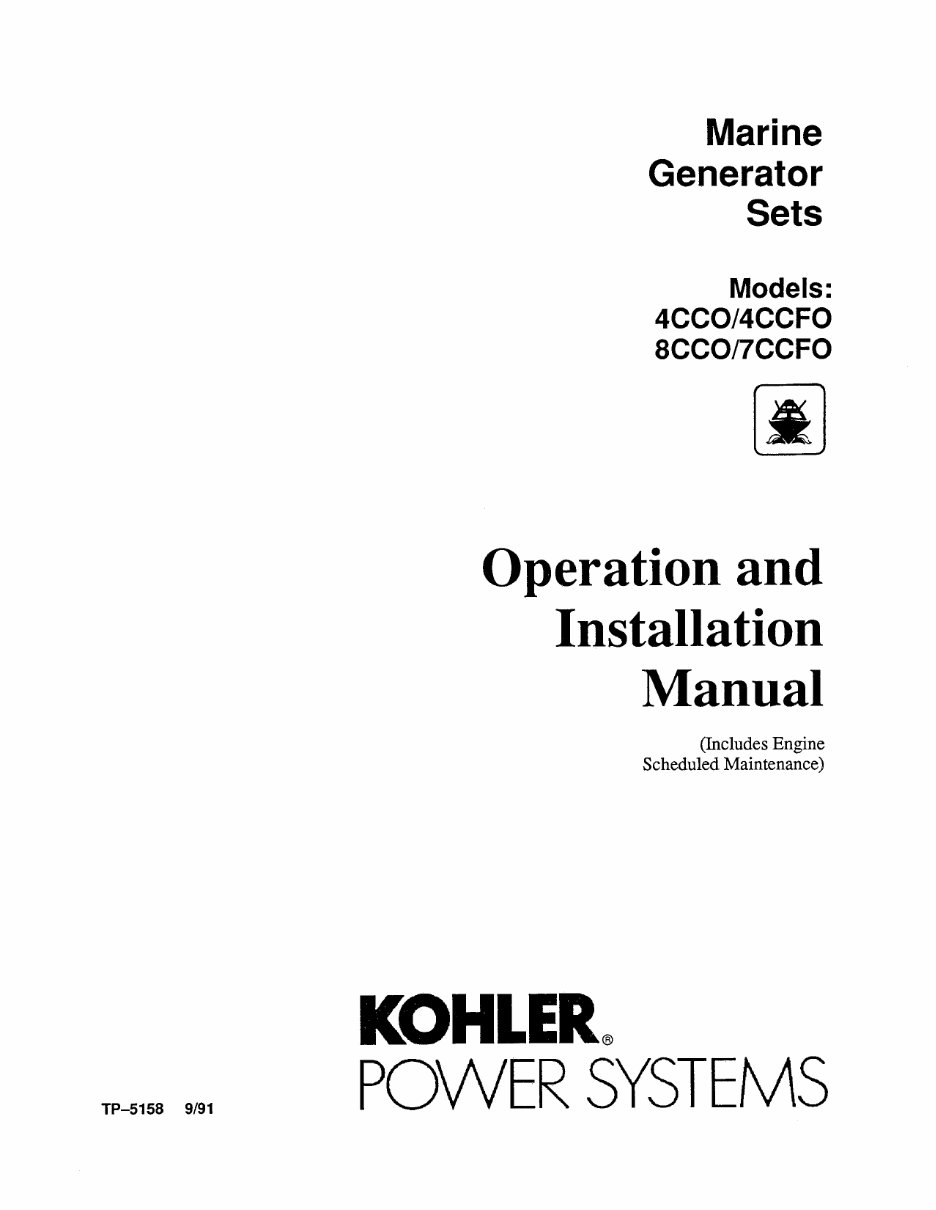 Kohler 4CCO/4CCFO/8CCO/7CCFO Marine Generator Sets Maintenance & Installation Manual preview img 1