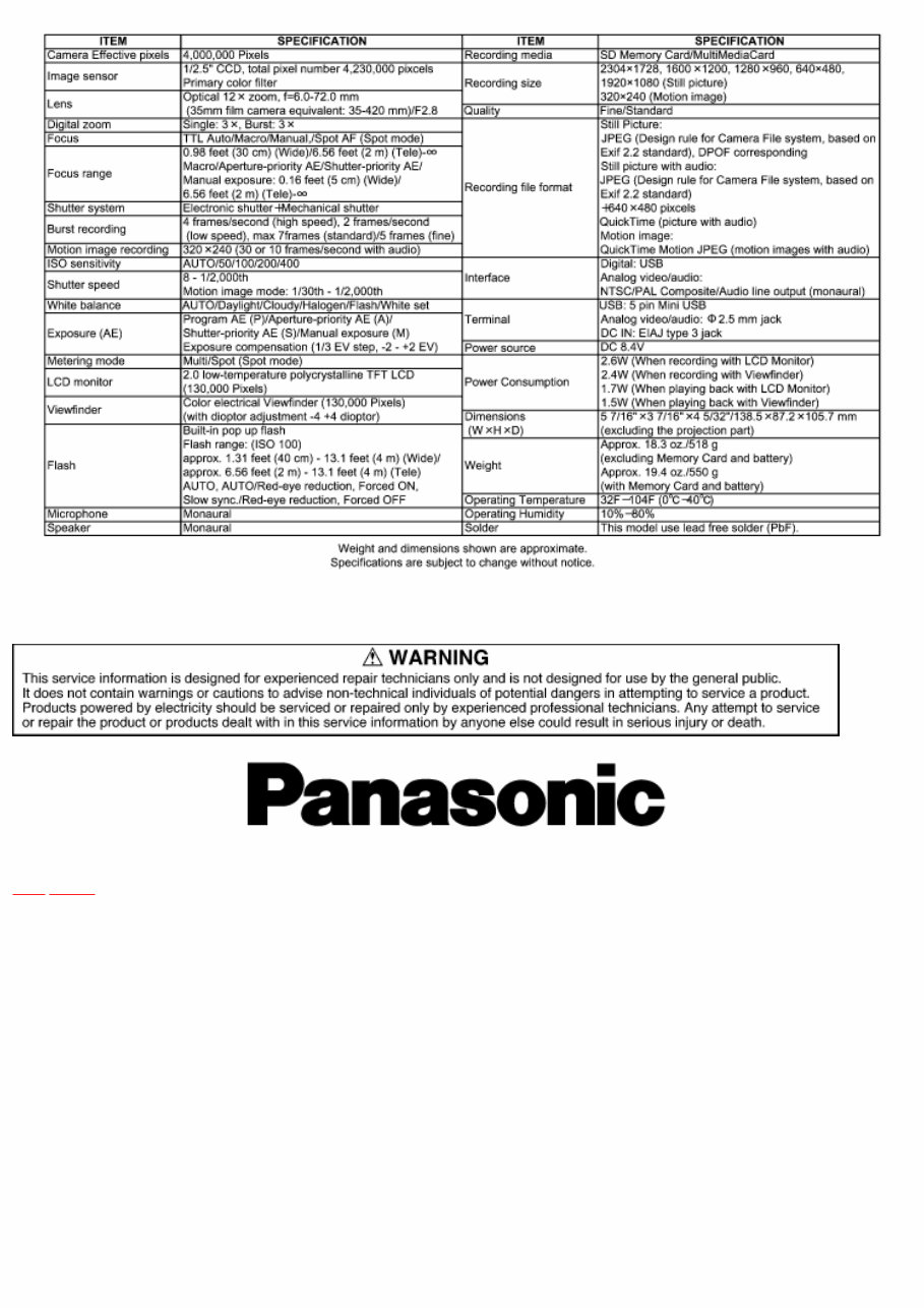 Panasonic Lumix DMC-FZ10 Series Digital Cameras OEM Service Manual preview img 7